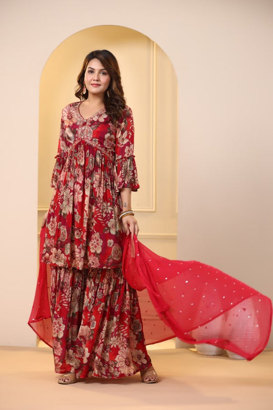Red Floral Handworked Sharara Set