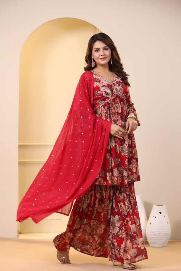 Red Floral Handworked Sharara Set