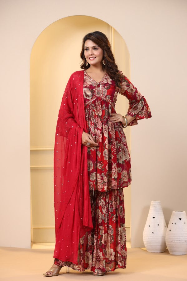 Red Floral Handworked Sharara Set
