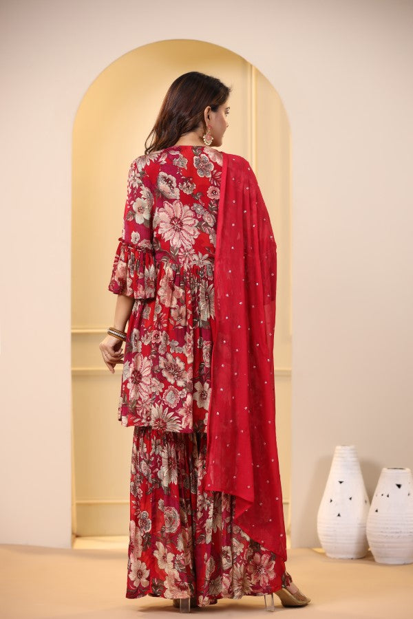Red Floral Handworked Sharara Set