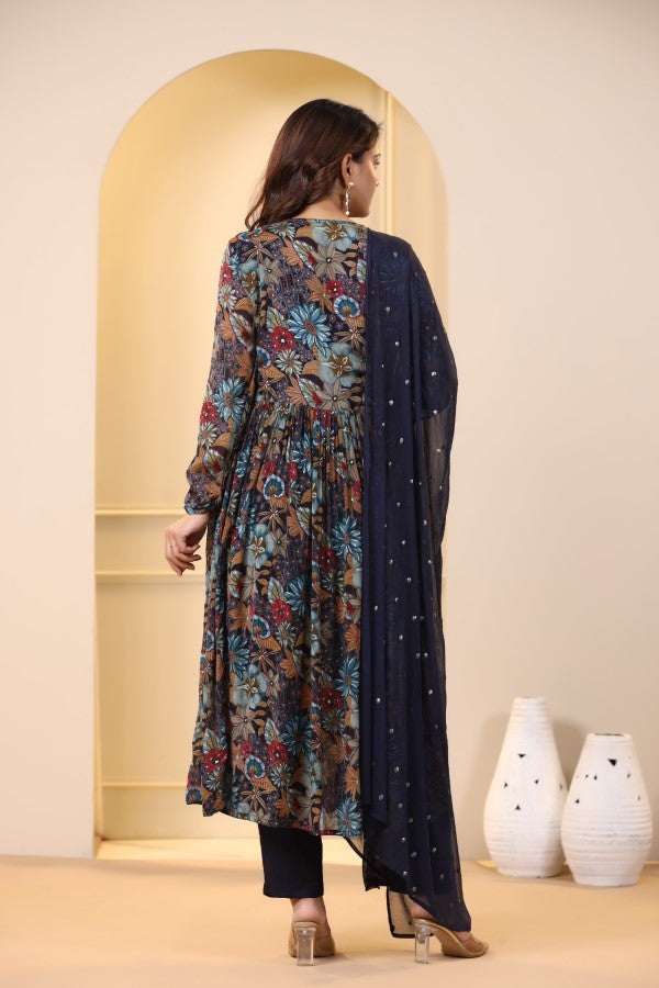 Blue Floral Handworked Alia-Cut Kurta Suit Set