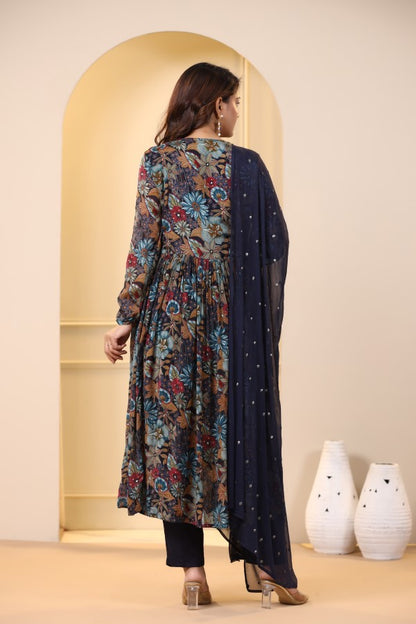 Blue Floral Handworked Alia-Cut Kurta Suit Set