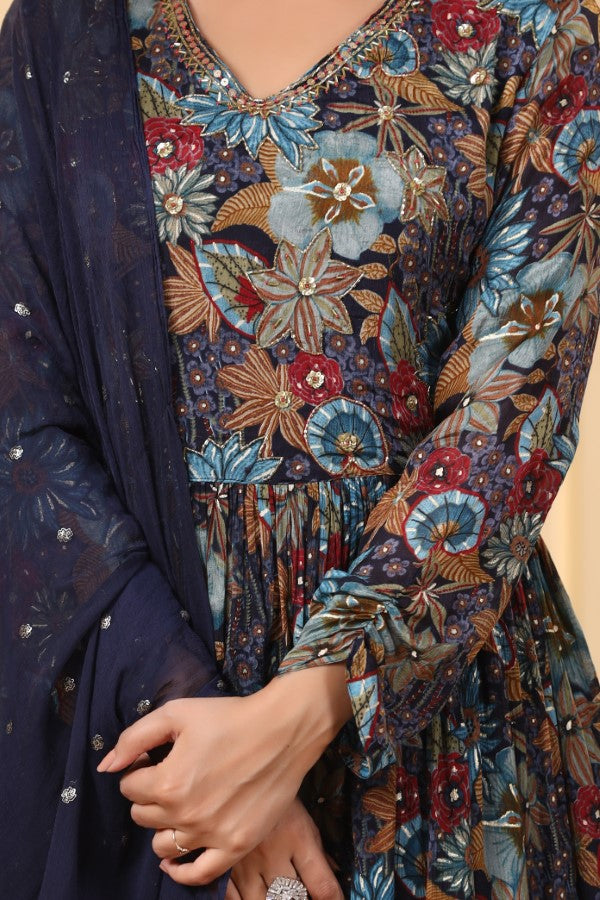Blue Floral Handworked Alia-Cut Kurta Suit Set