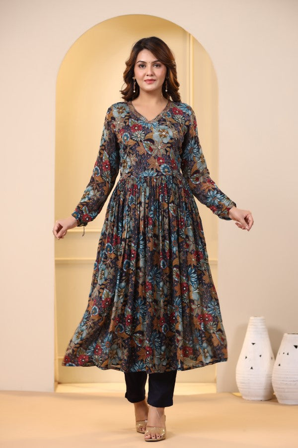Blue Floral Handworked Alia-Cut Kurta Suit Set