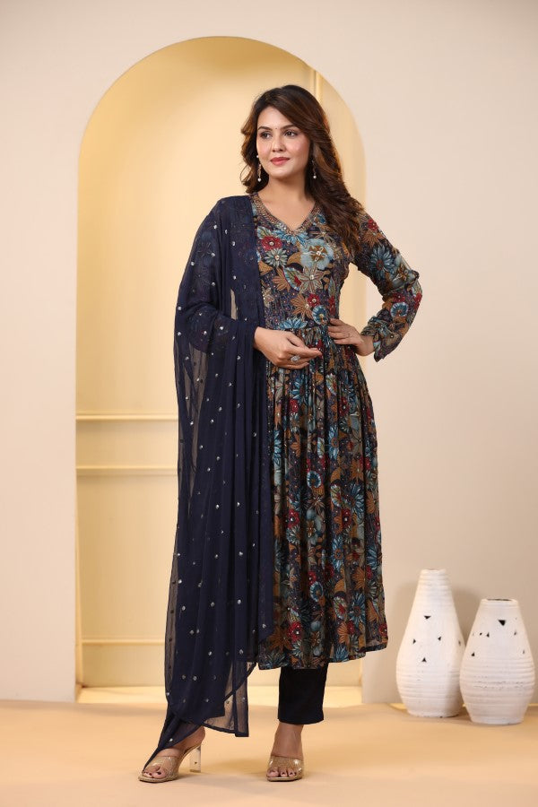 Blue Floral Handworked Alia-Cut Kurta Suit Set