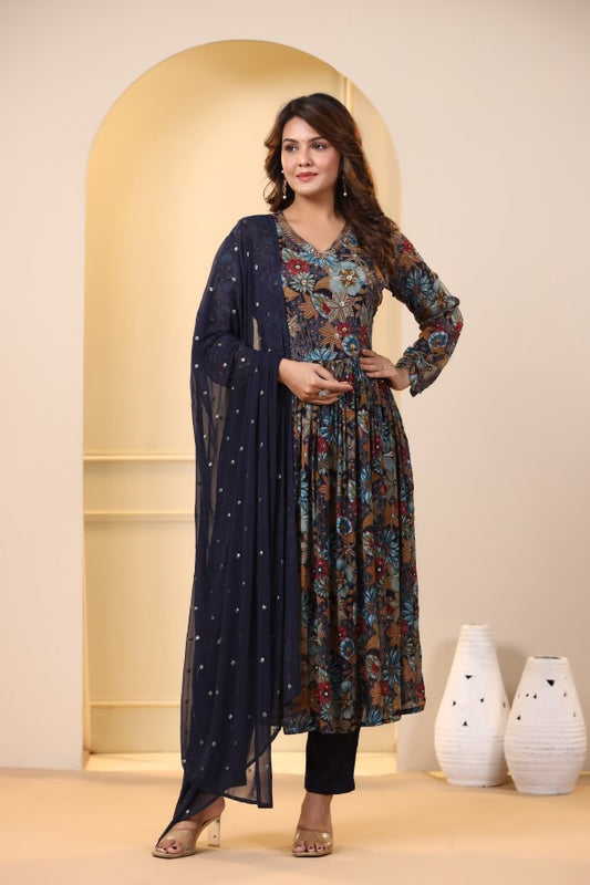 Blue Floral Handworked Alia-Cut Kurta Suit Set
