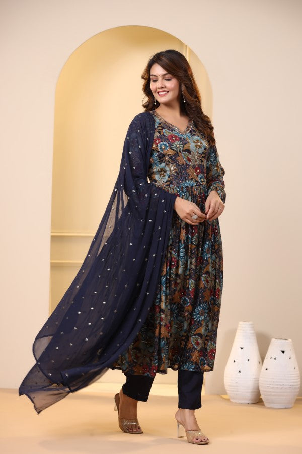 Blue Floral Handworked Alia-Cut Kurta Suit Set