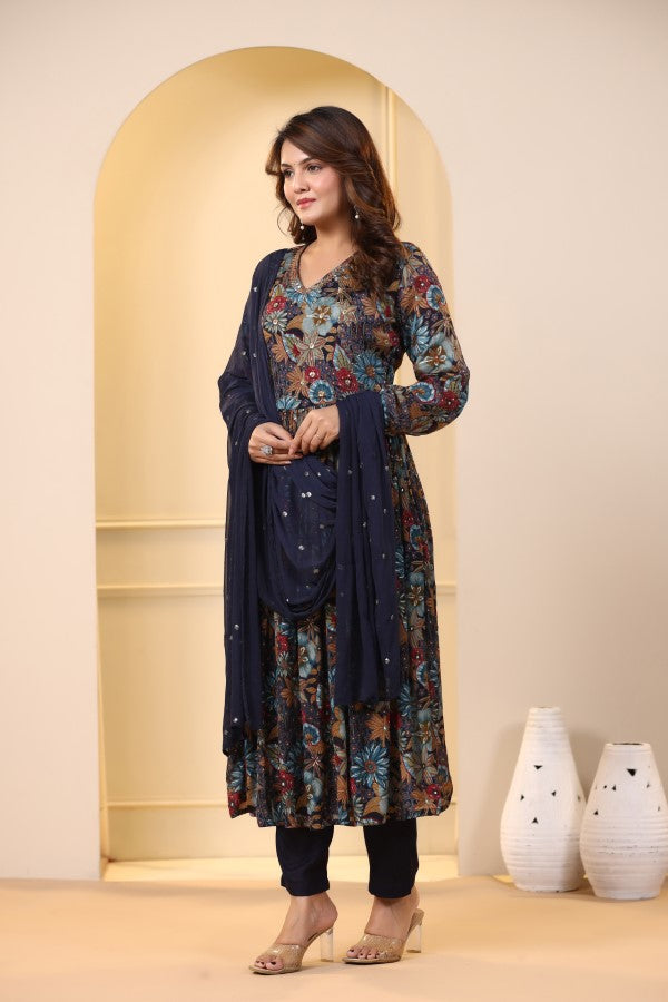 Blue Floral Handworked Alia-Cut Kurta Suit Set
