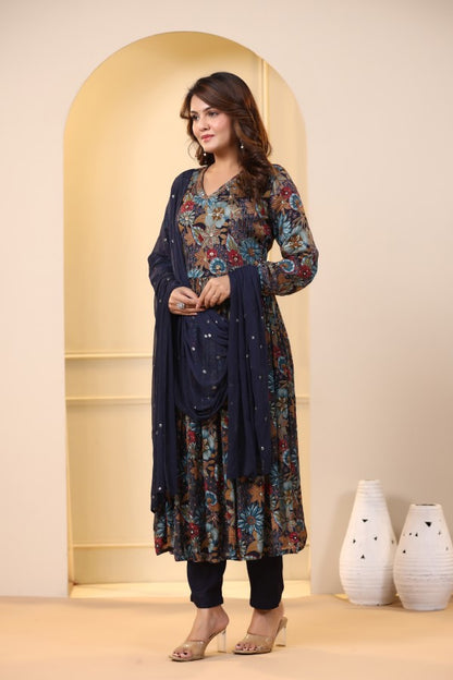 Blue Floral Handworked Alia-Cut Kurta Suit Set