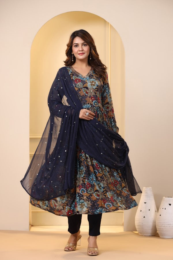 Blue Floral Handworked Alia-Cut Kurta Suit Set