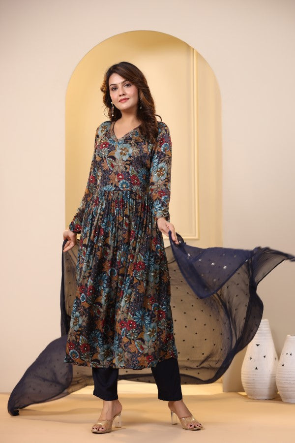 Blue Floral Handworked Alia-Cut Kurta Suit Set
