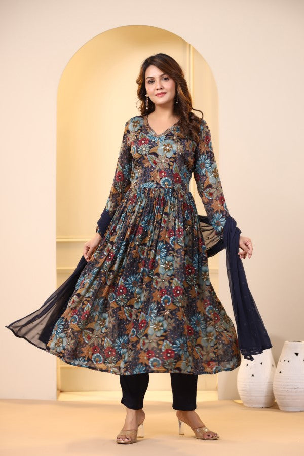 Blue Floral Handworked Alia-Cut Kurta Suit Set