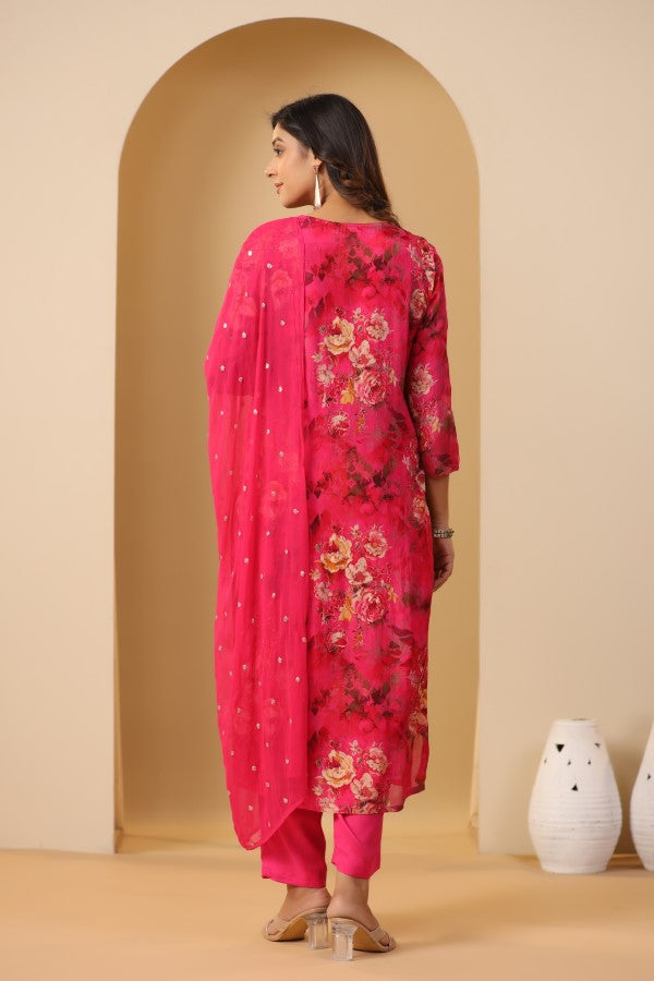 Rani Pink Floral Embroidered and Handworked Straight-Cut Kurta Set