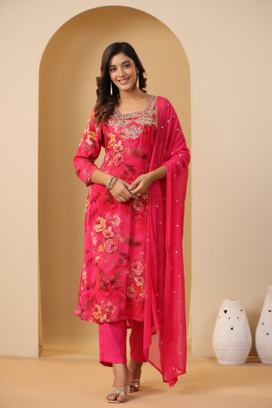 Rani Pink Floral Embroidered and Handworked Straight-Cut Kurta Set