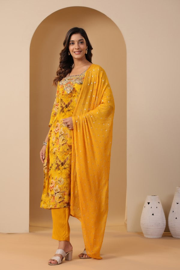Yellow Floral Embroidered and Handworked Straight-Cut Kurta Set
