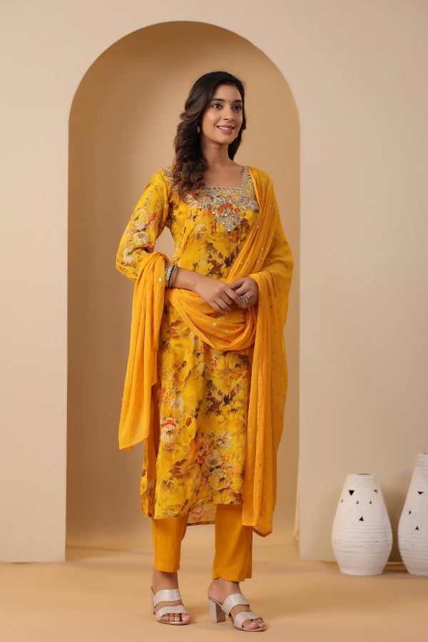 Yellow Floral Embroidered and Handworked Straight-Cut Kurta Set
