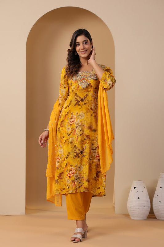 Yellow Floral Embroidered and Handworked Straight-Cut Kurta Set
