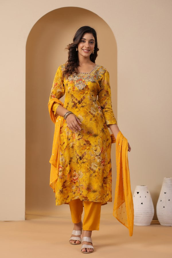 Yellow Floral Embroidered and Handworked Straight-Cut Kurta Set