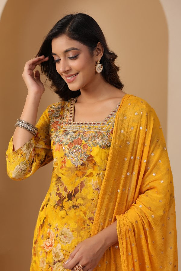 Yellow Floral Embroidered and Handworked Straight-Cut Kurta Set