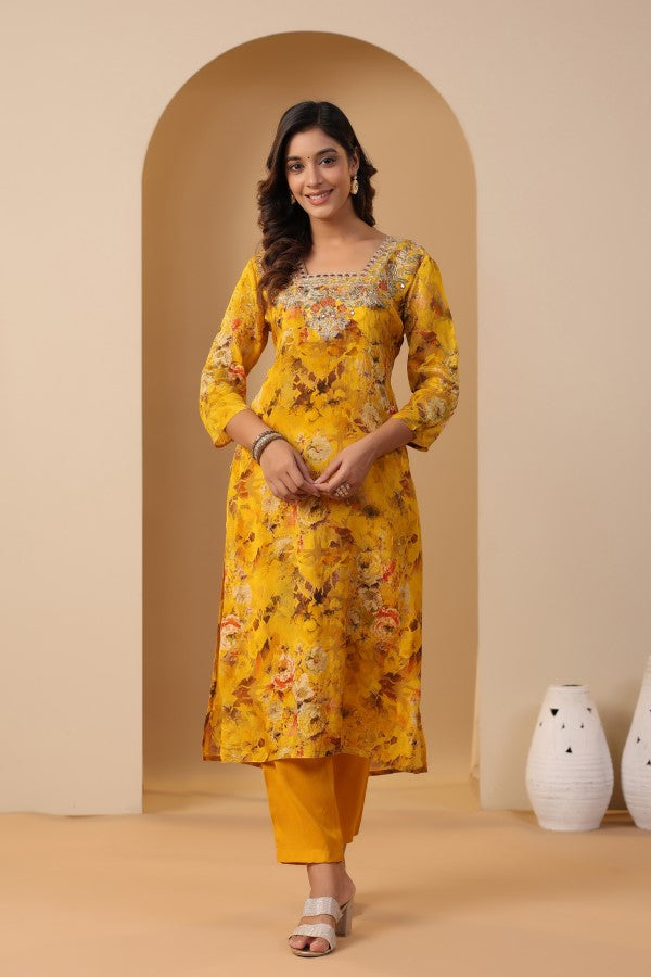 Yellow Floral Embroidered and Handworked Straight-Cut Kurta Set