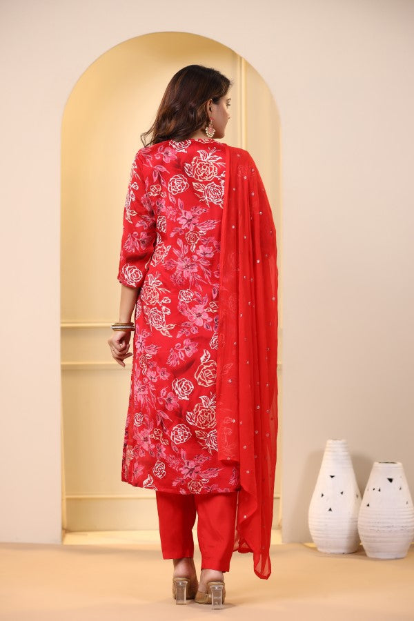 Red Floral Embroidered and Handworked Straight-Cut Kurta Set