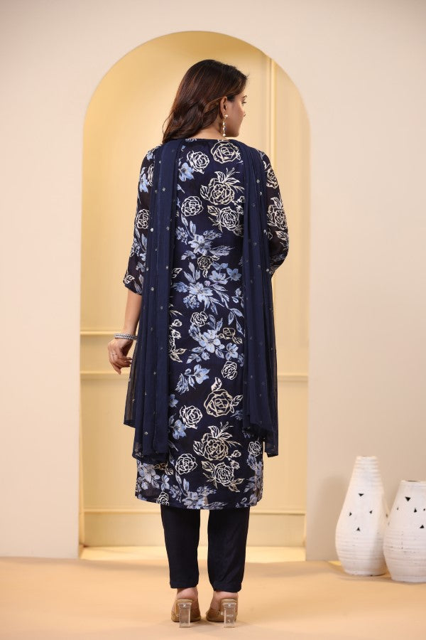 Blue Floral Embroidered and Handworked Straight-Cut Kurta Set