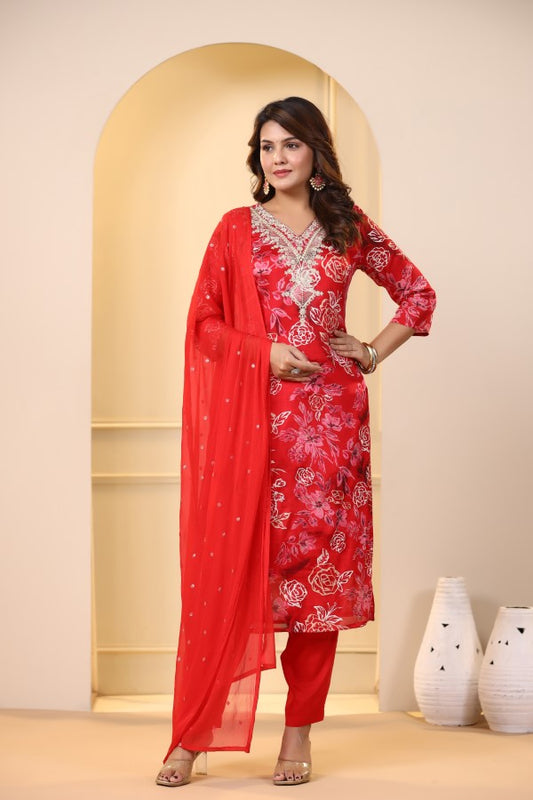 Red Floral Embroidered and Handworked Straight-Cut Kurta Set