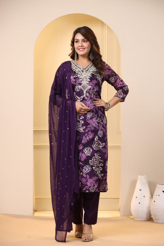Purple Floral Embroidered and Handworked Straight-Cut Kurta Set