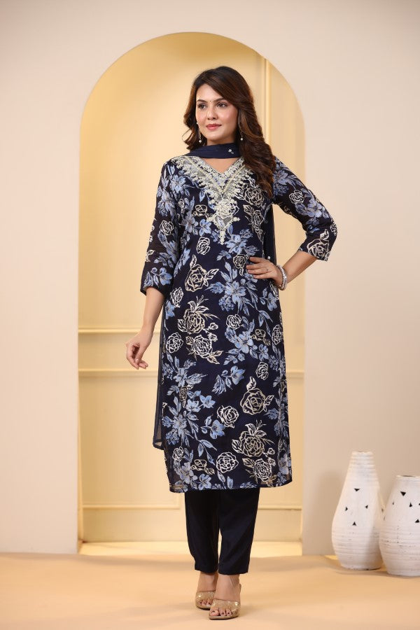 Blue Floral Embroidered and Handworked Straight-Cut Kurta Set