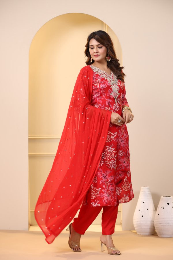 Red Floral Embroidered and Handworked Straight-Cut Kurta Set