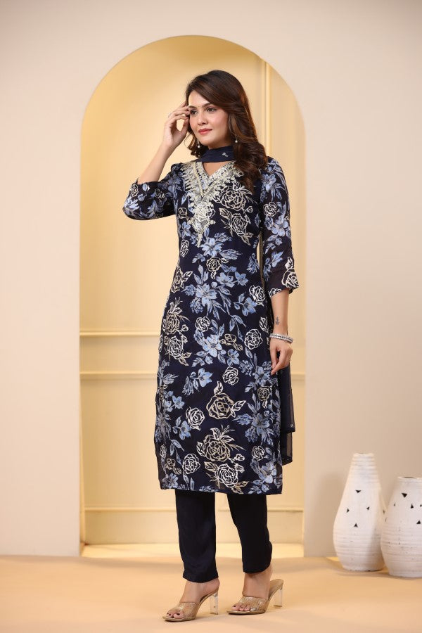 Blue Floral Embroidered and Handworked Straight-Cut Kurta Set