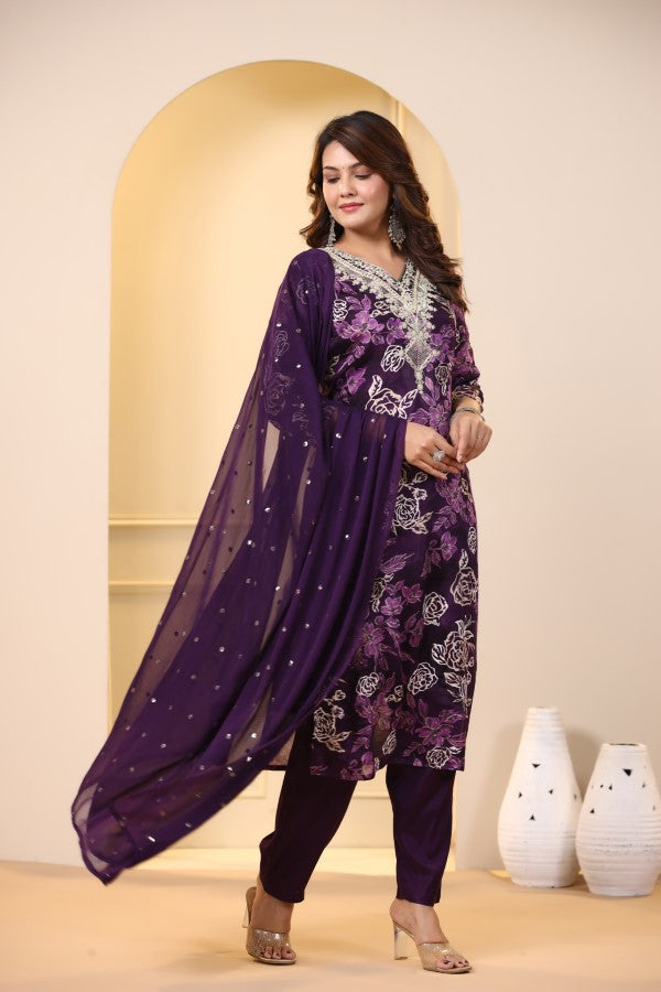 Purple Floral Embroidered and Handworked Straight-Cut Kurta Set