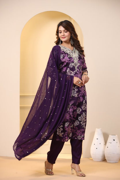 Purple Floral Embroidered and Handworked Straight-Cut Kurta Set
