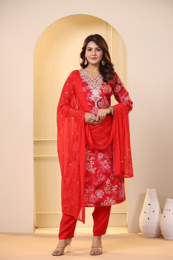 Red Floral Embroidered and Handworked Straight-Cut Kurta Set