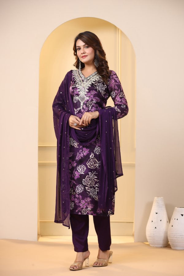 Purple Floral Embroidered and Handworked Straight-Cut Kurta Set