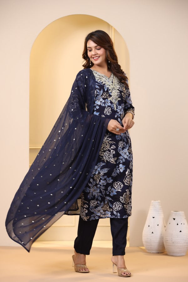 Blue Floral Embroidered and Handworked Straight-Cut Kurta Set