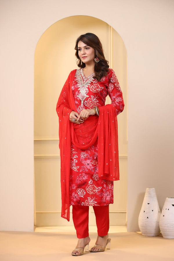 Red Floral Embroidered and Handworked Straight-Cut Kurta Set