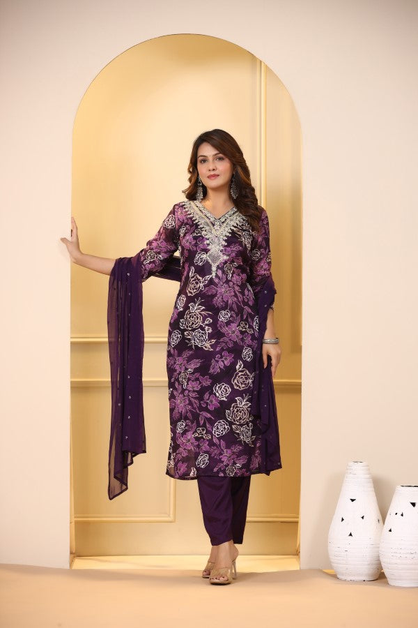 Purple Floral Embroidered and Handworked Straight-Cut Kurta Set