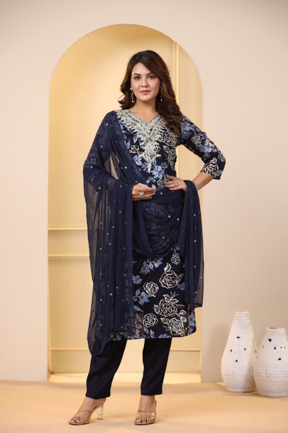 Blue Floral Embroidered and Handworked Straight-Cut Kurta Set