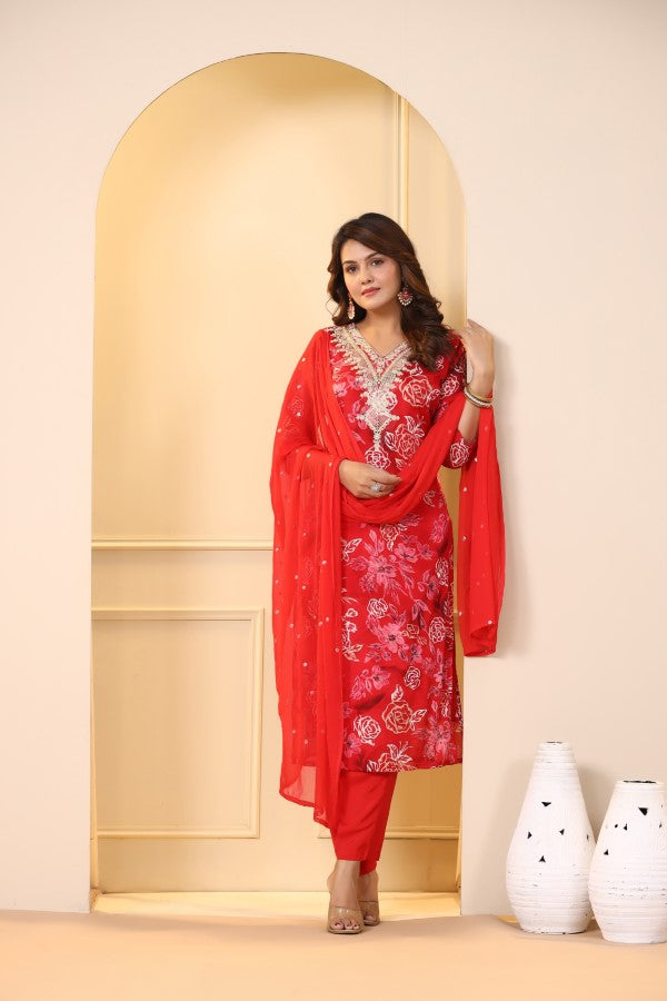 Red Floral Embroidered and Handworked Straight-Cut Kurta Set