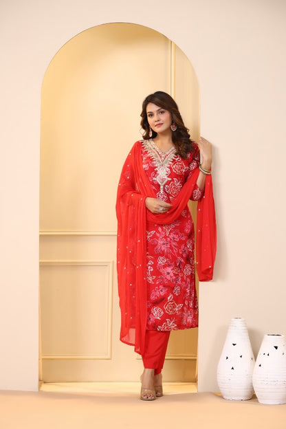 Red Floral Embroidered and Handworked Straight-Cut Kurta Set