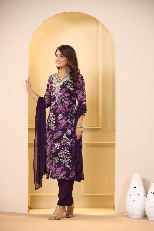 Purple Floral Embroidered and Handworked Straight-Cut Kurta Set