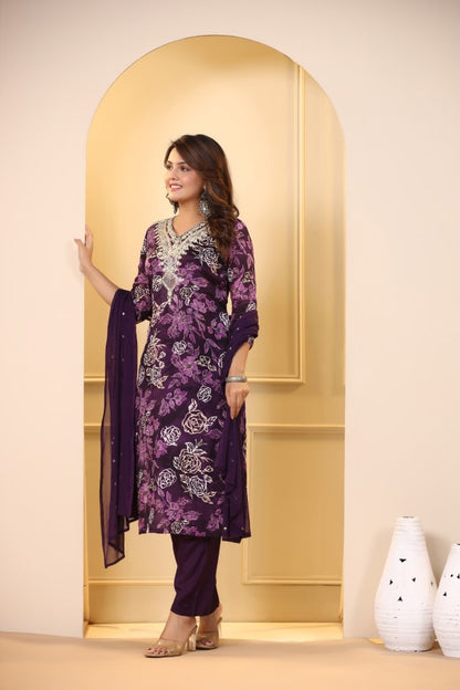 Purple Floral Embroidered and Handworked Straight-Cut Kurta Set