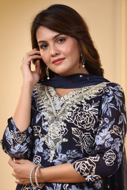 Blue Floral Embroidered and Handworked Straight-Cut Kurta Set
