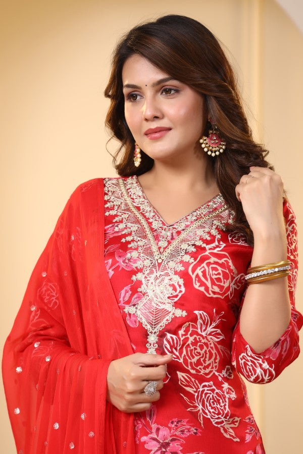 Red Floral Embroidered and Handworked Straight-Cut Kurta Set