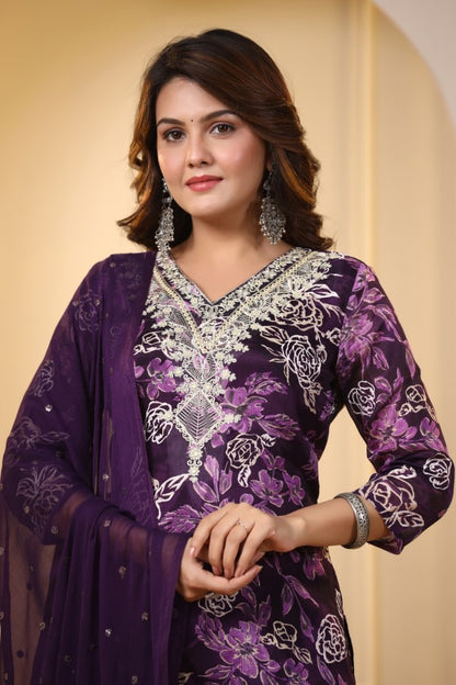 Purple Floral Embroidered and Handworked Straight-Cut Kurta Set