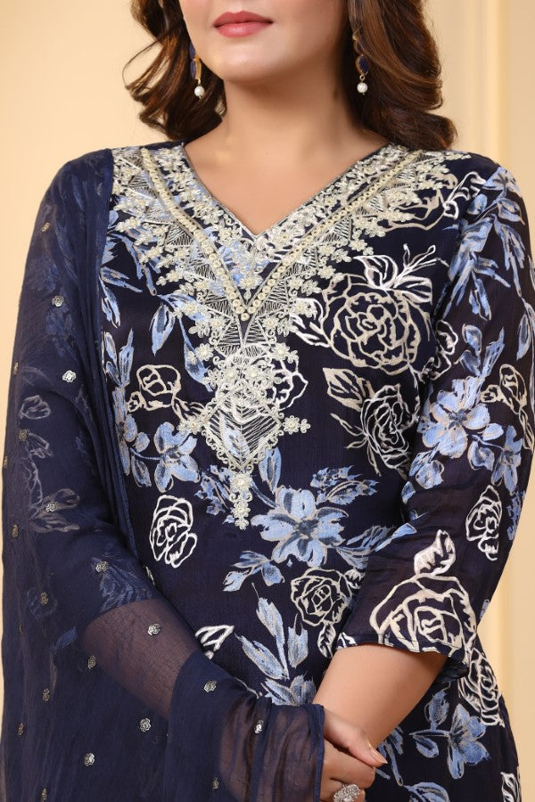 Blue Floral Embroidered and Handworked Straight-Cut Kurta Set