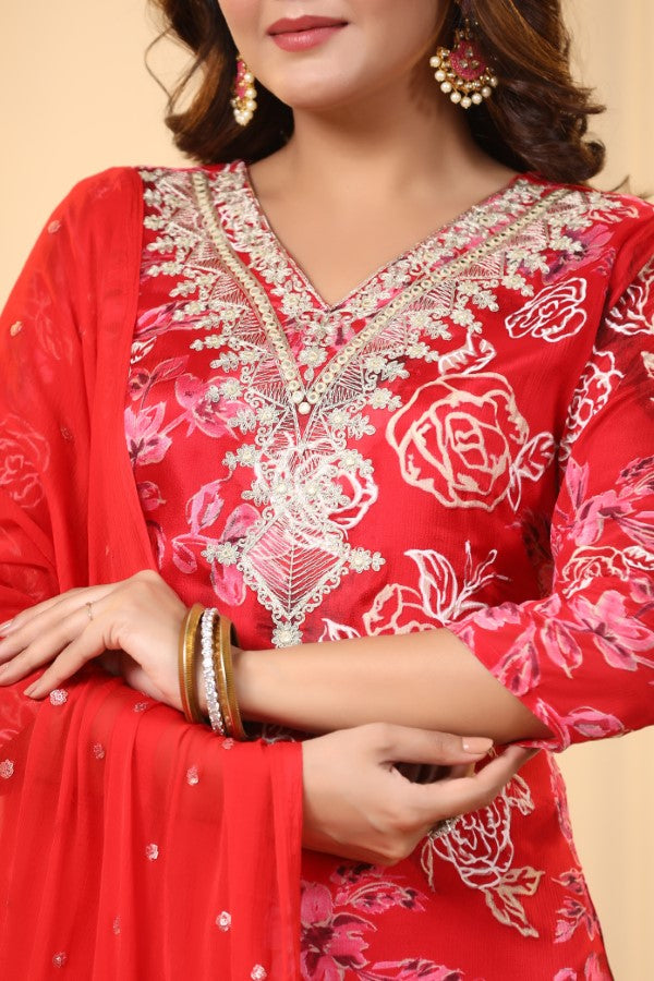 Red Floral Embroidered and Handworked Straight-Cut Kurta Set