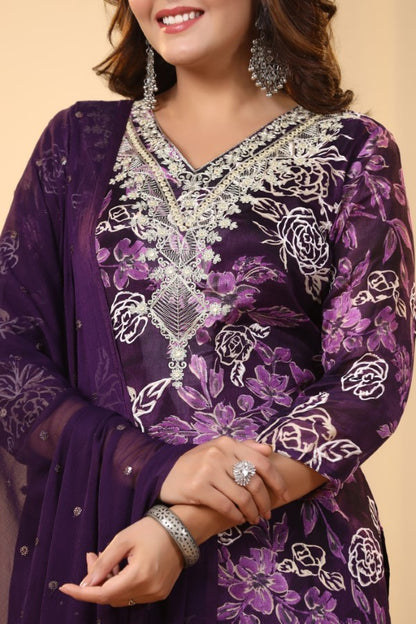 Purple Floral Embroidered and Handworked Straight-Cut Kurta Set