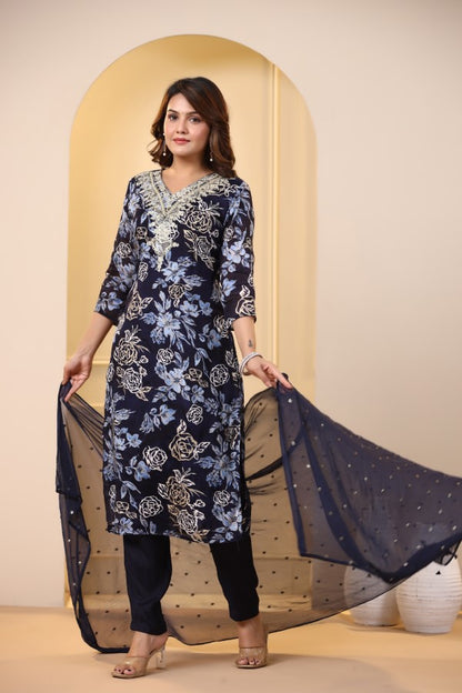 Blue Floral Embroidered and Handworked Straight-Cut Kurta Set